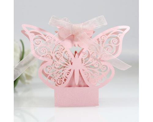粉色激光镂空巧克力喜糖盒反光金蝴蝶包装纸盒批发