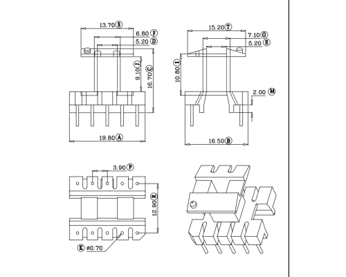 HXE-EE19立式5+5排距12.9mm高频变压器电木骨架