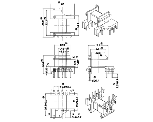 HXE-EF20卧式5+2+2高频变压器电木骨架