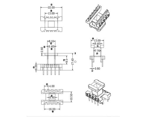 HXE-EE22立式5+5高频变压器电木骨架