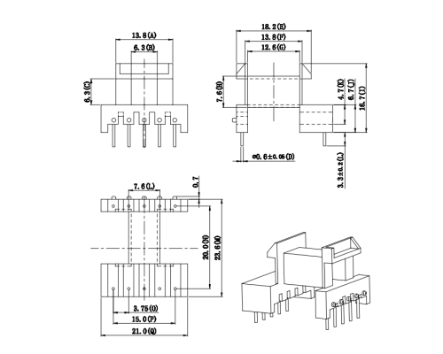 HXE-EF20安规卧式5+5排距20mm高频变压器电木骨架