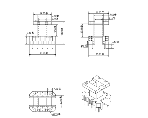 HXE-EE22立式5+5单边飞线高频变压器电木骨架