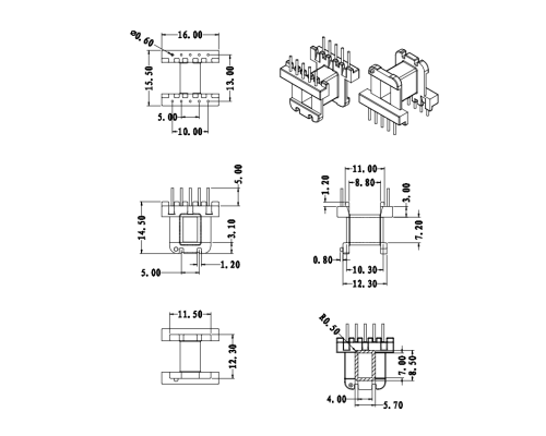 HXE-EE1607卧式5+5高频变压器电木骨架