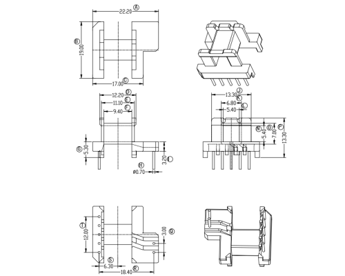 HXE-EE19卧式5+2高频高频变压器电木骨架