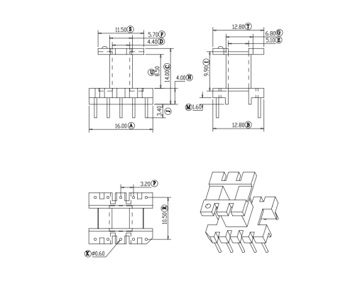 HXE-EE16立式5+5高频变压器电木骨架