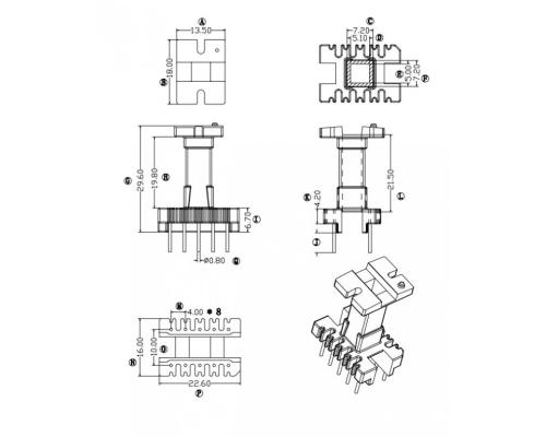 HXE-EEL19立式4+6带挡墙高频变压器电木骨架