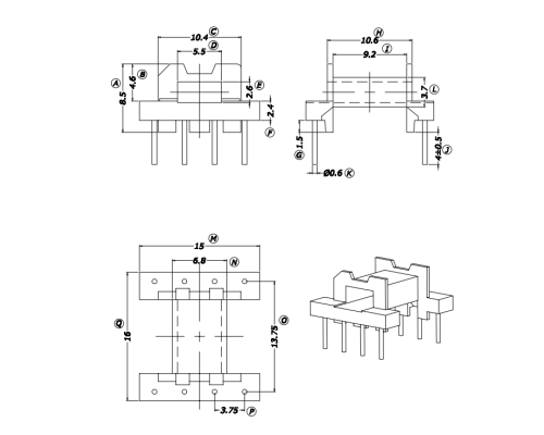 HXE-EFD15卧式4+4针高频变压器电木骨架