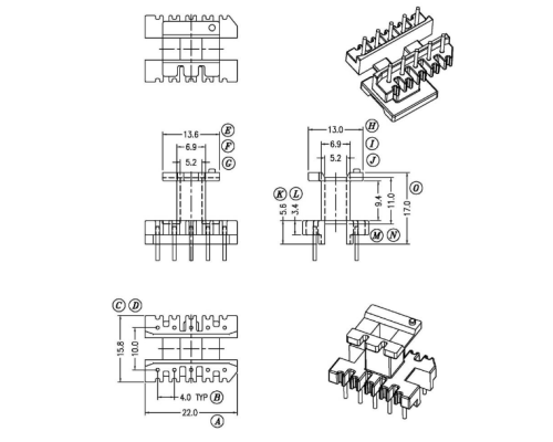 HXC-1901-EE19立式5+5高频变压器电木骨架