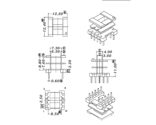 HXC-1304-3-EI13立式双槽5+5高频变压器电木骨架