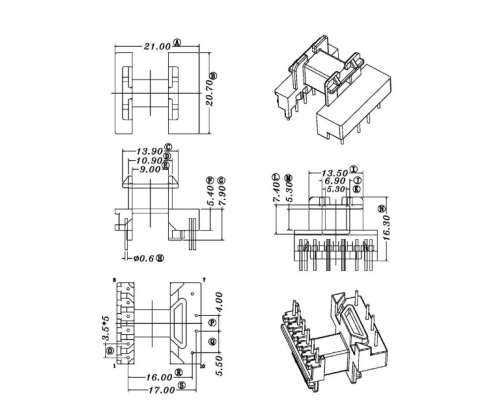 HXC-1916-EE19卧式6+4高频变压器电木骨架