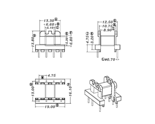 HXC-1918-1-EE19卧式4+4高频变压器电木骨架bobbin