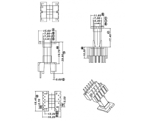 HXC-1608-1-EEL16立式4+6高频变压器电木骨架