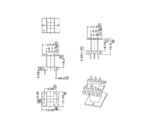 HXC-1606-2-EI16立式3+3高频变压器电木骨架bobbin