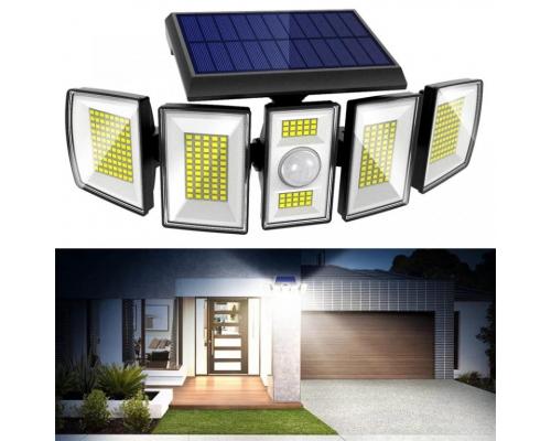 太阳能运动感应灯户外 5 头 300 LED 太阳能路灯防水 360° 可调节广角太阳能安全灯
