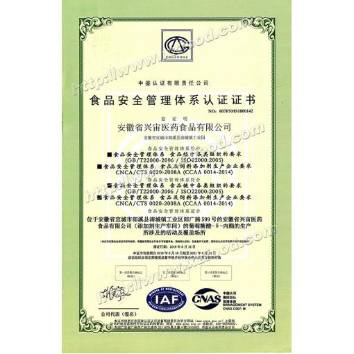 IOS22000食品安全管理体系认证证书-中文版<