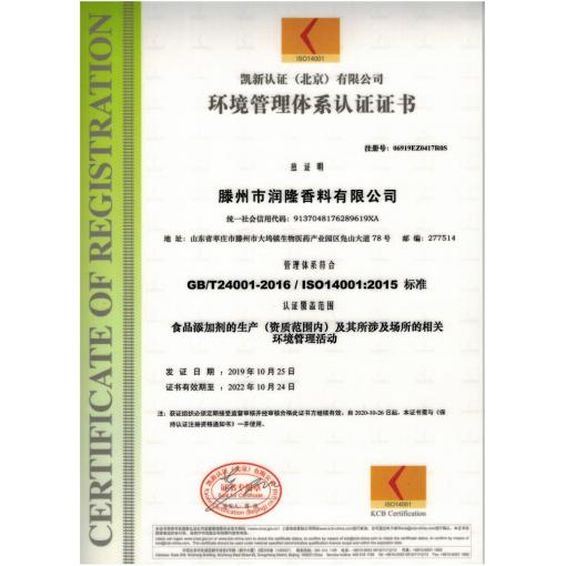 环境管理体系认证证书ISO14001<